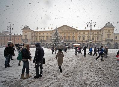 Chanoux Square during a snowfall