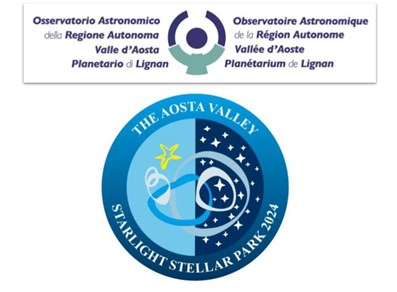 In alto, logo ufficiale della Fondazione Clément Fillietroz-ONLUS che gestisce l’Osservatorio Astronomico della Regione Autonoma Valle d’Aosta e il Planetario di Lignan; in basso, logo ufficiale dello Starlight Stellar Park della Valle d’Aosta.
